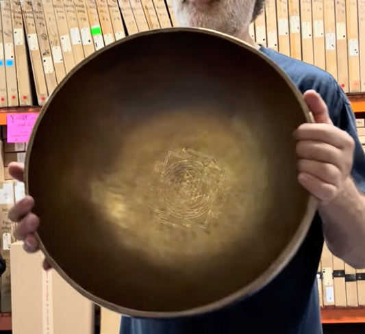 Imperfect - Unlimited 16" Sri Yantra Singing Bowl with Large Suede Mallet and Chinese Mallet